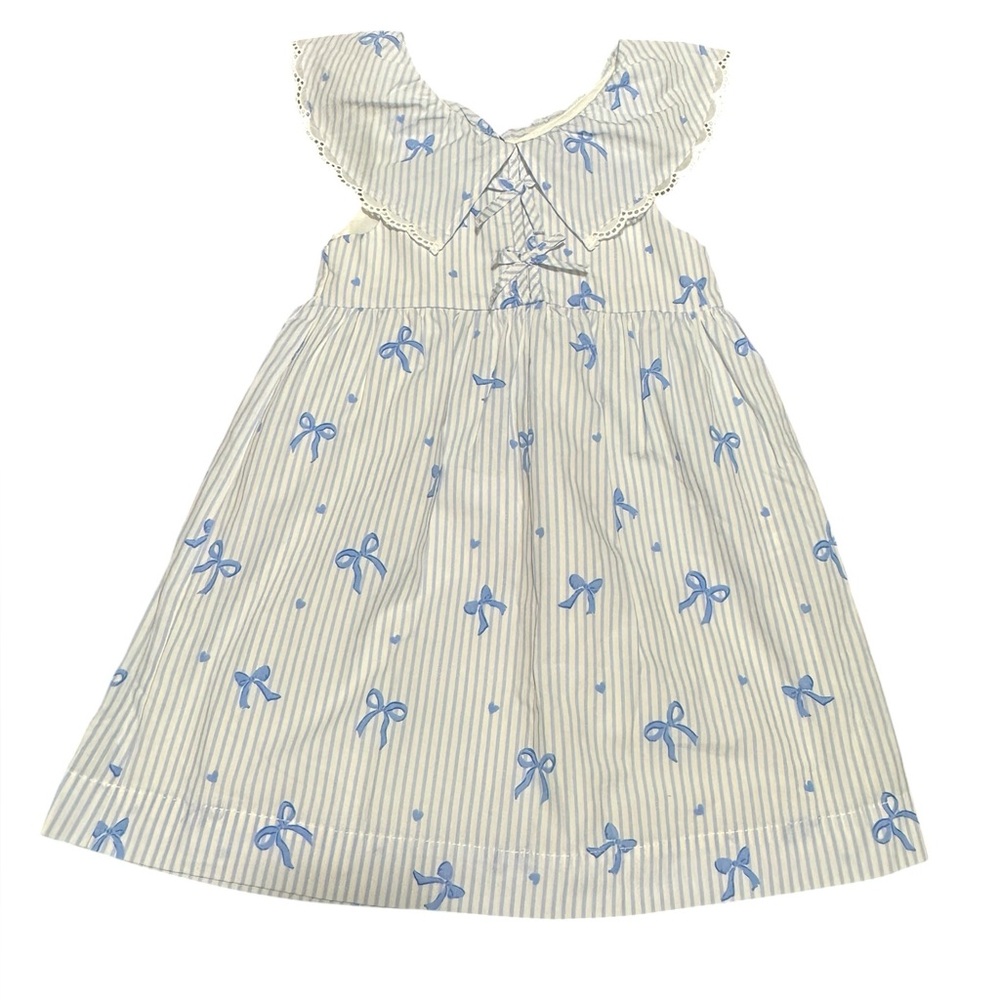 Zara Girls Striped Bow Dress Size 5 Blue White 100% Cotton Nautical Classic NWT